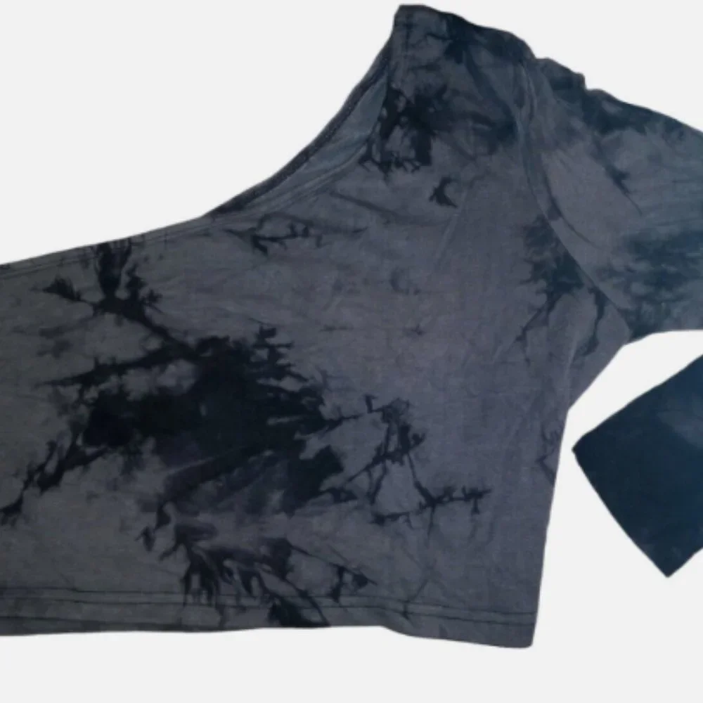 Women’s One Shoulder Crop Top XL Black Gray Tie Dye Asymmetrical Long Sleeve - Picture 5 of 10
